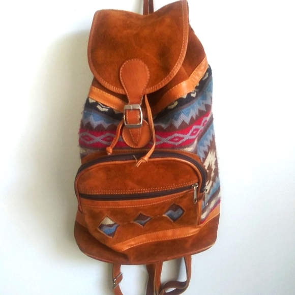 Southwestern Backpack Brown Leather Suede Aztec Fabric Drawstring Bucket Bag - Picture 1 of 7